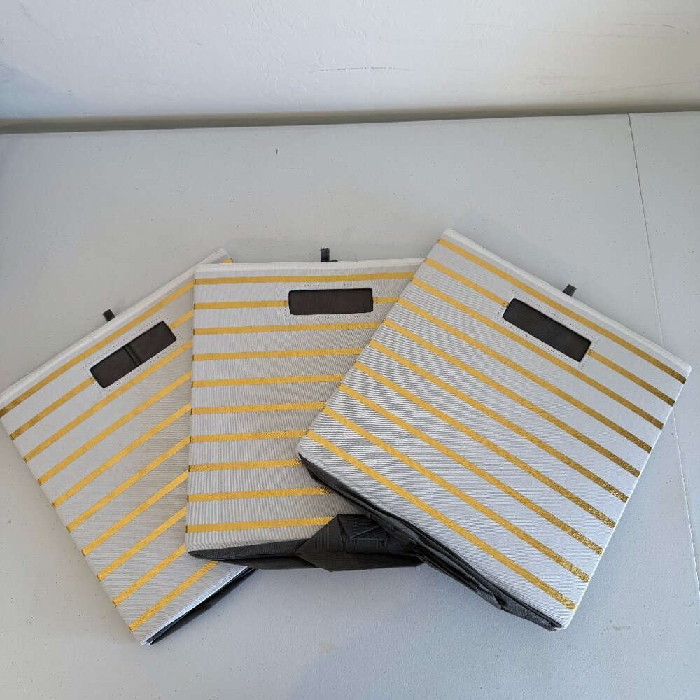 Foldable Fabric Storage Bin Set of 3 | White & Gold Stripe | Large